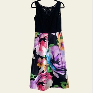Ellen Tracy Lace and Print Satin Midi Dress Black Floral